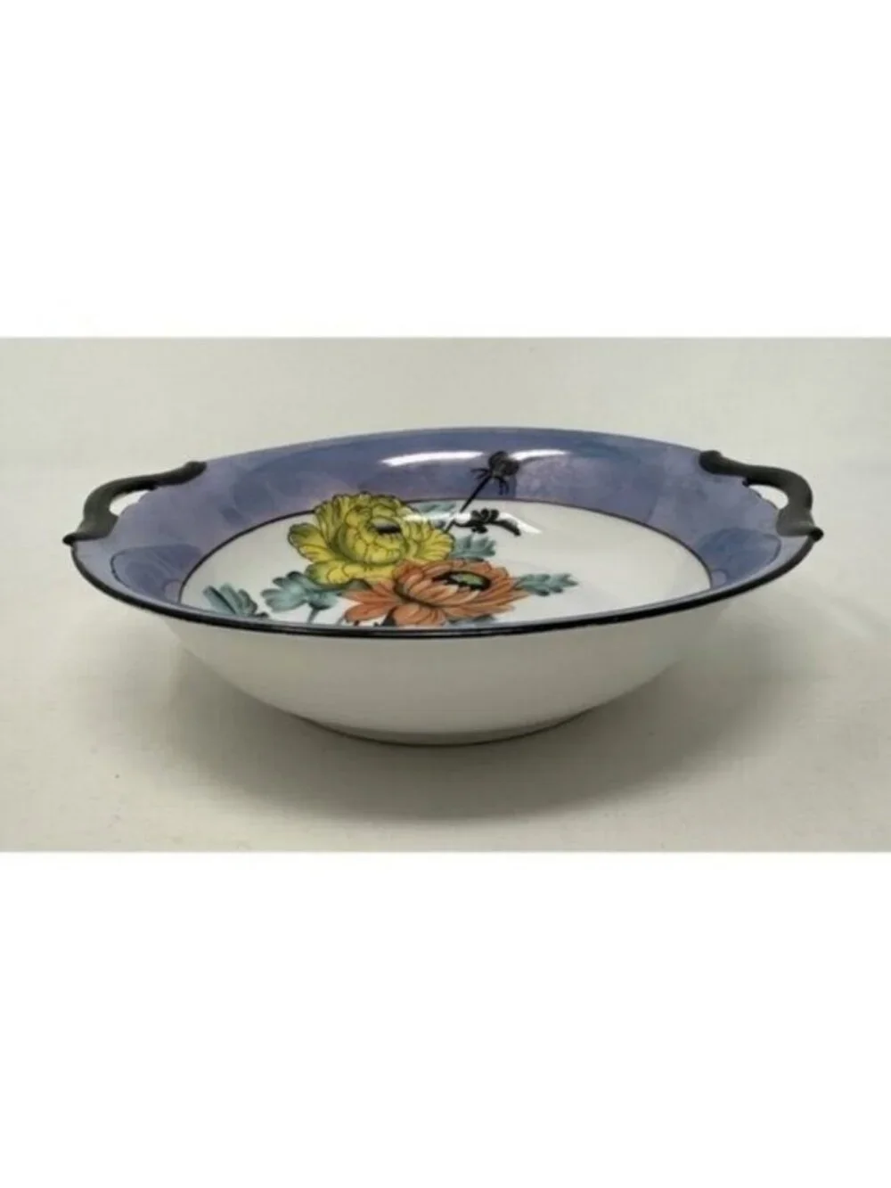 NORITAKE MORIMURA TWO HANDLED SERVING BOWL Floral Art Deco Blue Luster Ware